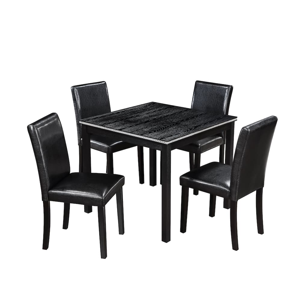 5 Piece Dining Set with Crystal Decor Square Dining Table and 4 Upholstered Dining Chairs, Kitchen Furniture Set