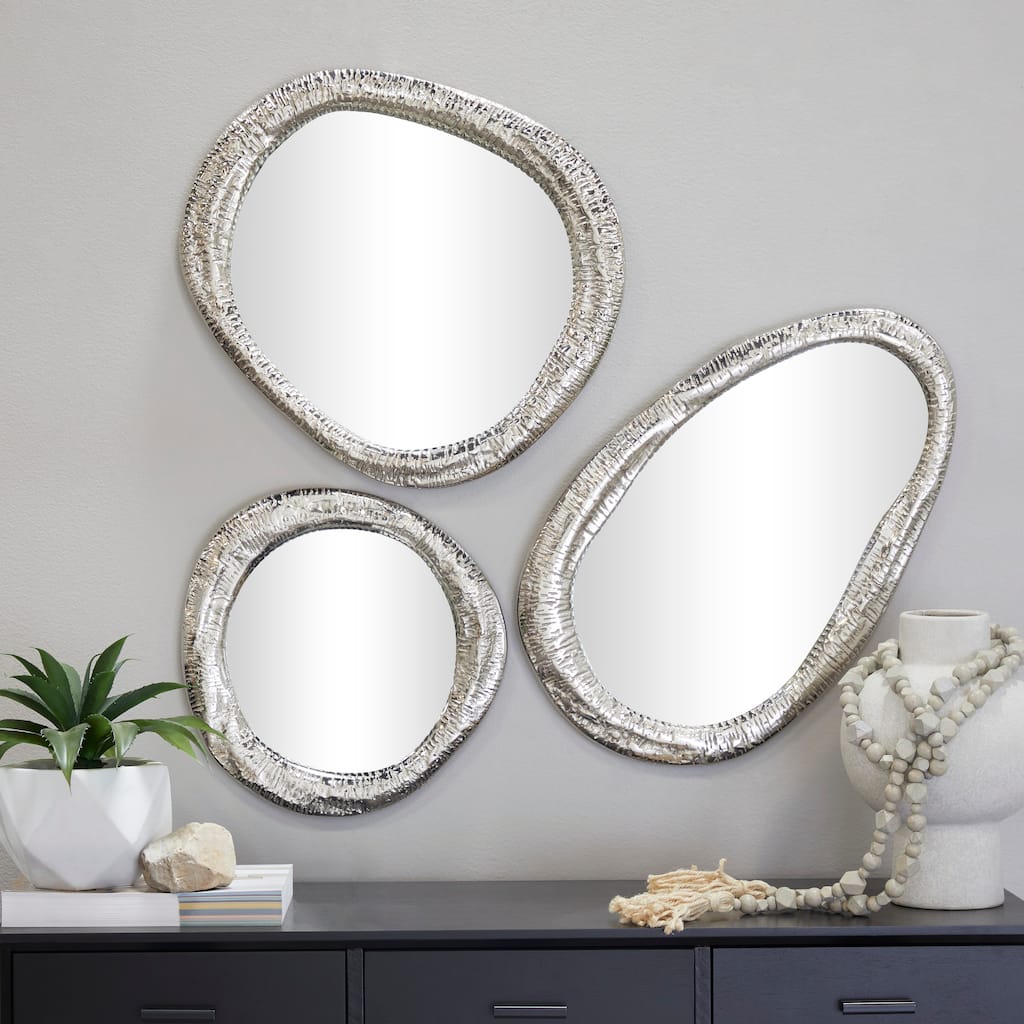 Contemporary Aluminum Metal Abstract Wall Mirror (Set of 3) - Silver or ...