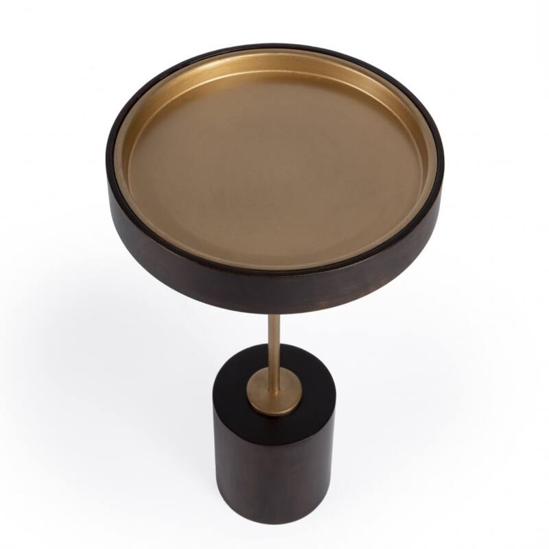 21.5” Solid Wood Round Accent Table with Rose Gold Top and Black Block Base Distressed Finish - 21.5"H x 12"W x 12"L