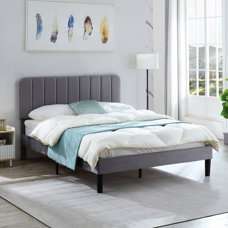Javlergo Upholstered Adjustable Headboard Velvet Platform Bed Quiet Heavy-Duty Bed Frame No Box Spring Needed