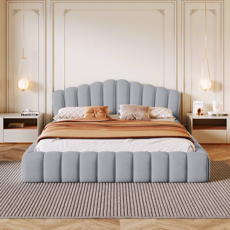 Light Blue Queen Size Velvet Bed with Shell-Shaped Headboard - Light Blue