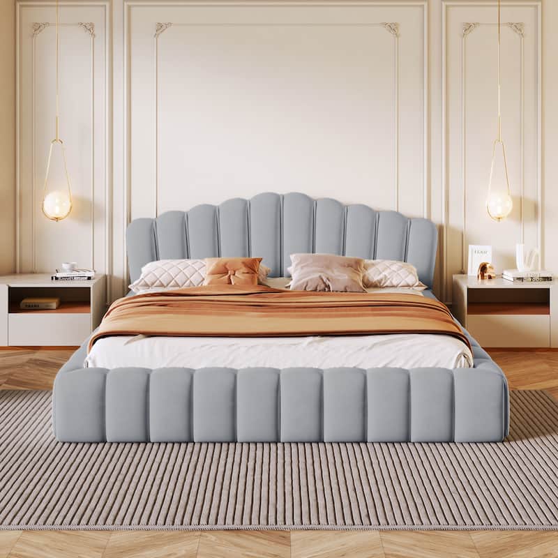 Queen Size Floor Platform Bed with Shell-Shaped Headboard, Modern Velvet Upholstered Bedframe with Cushioning All Around Guards