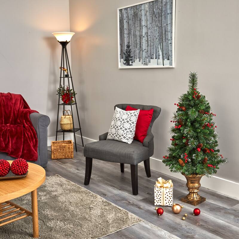 4Ft Christmas Tree with Lights - Pinecone & Berry Decor, Urn Base - Holiday Tree for Home & Office - Green - 50