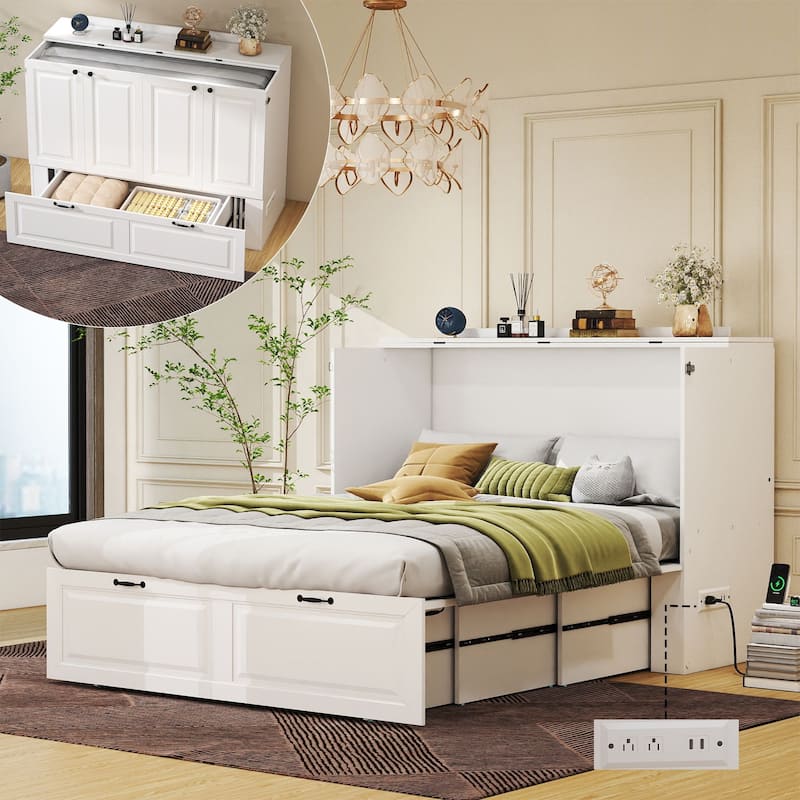 Murphy Bed Cabinet with Charging Port and Storage Drawer, White - White