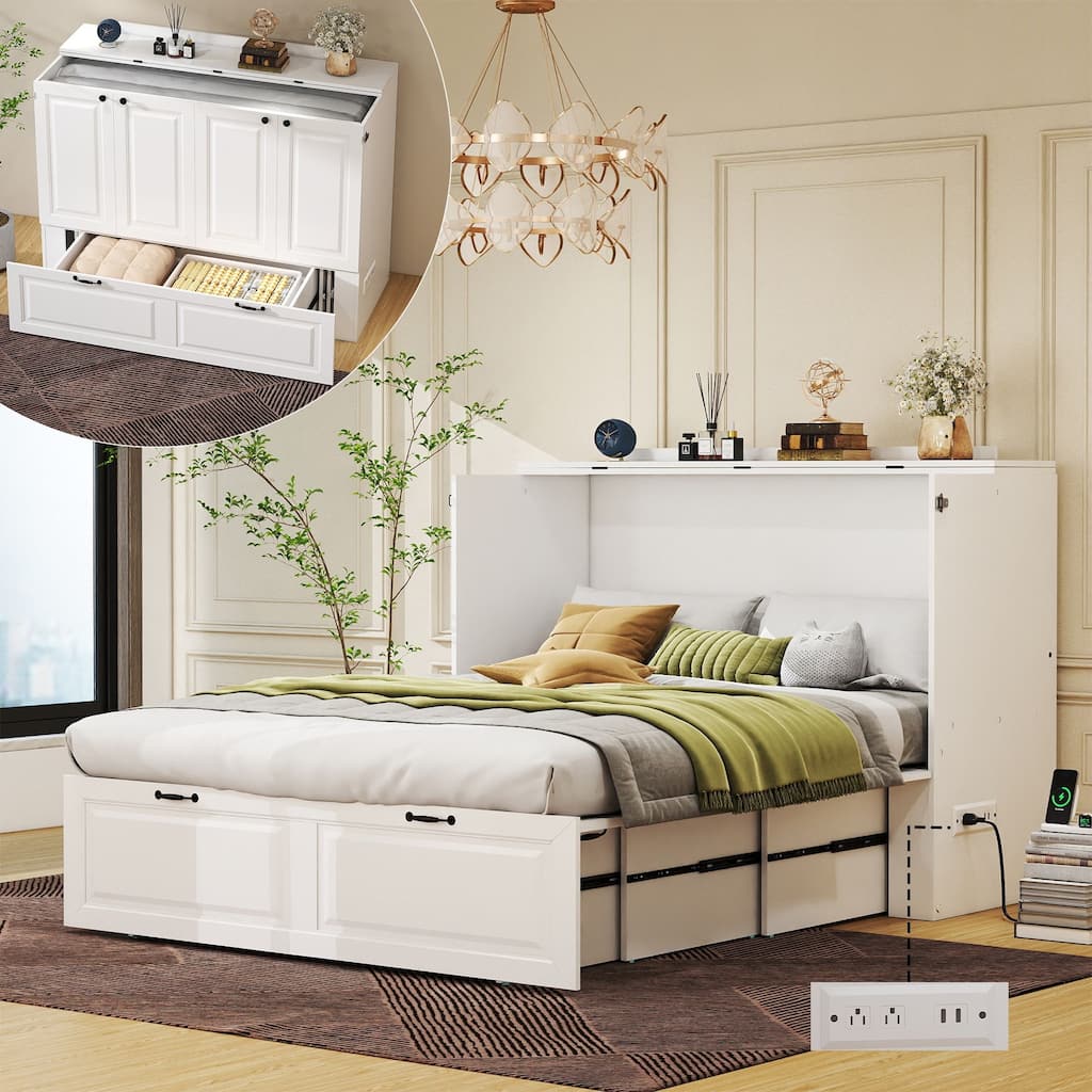 Murphy Bed Cabinet with Charging Port and Storage Drawer, White