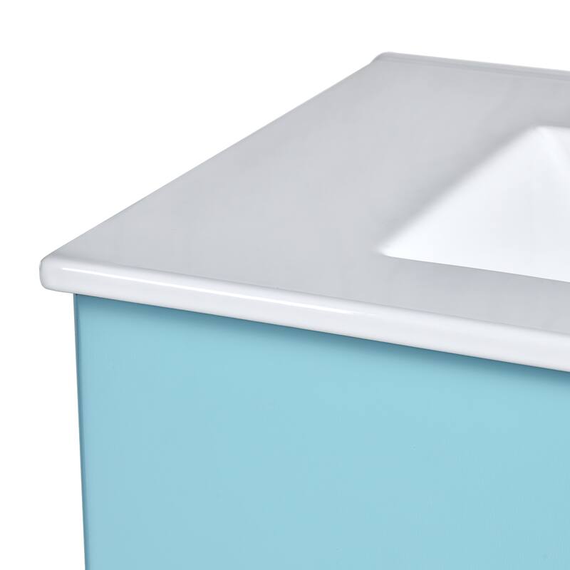 30'' Bathroom Vanity Cabinet with Ceramic Sink Combo Set, Solid Wood Frame Modern Bathroom Storage Cabinet with 2 Drawers, Blue