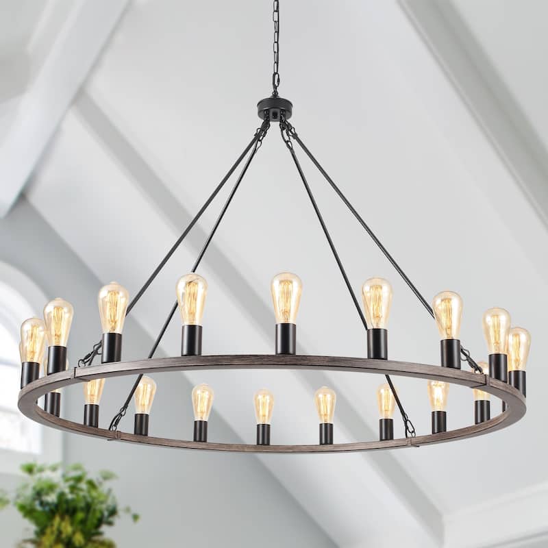 20 - Light Farmhouse Metal Round Industrial Chandelier for Dining Room Entryway Kitchen Island - N/A - Black+Imitation Wood Grain