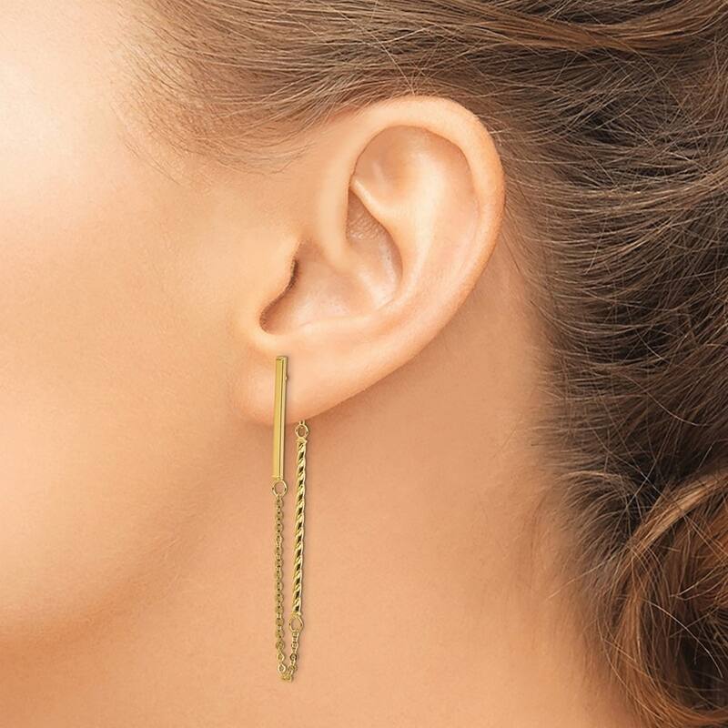 Curata 14k Yellow Gold Polished and Twisted Stick With Chain Post Earrings - 56x1.5mm
