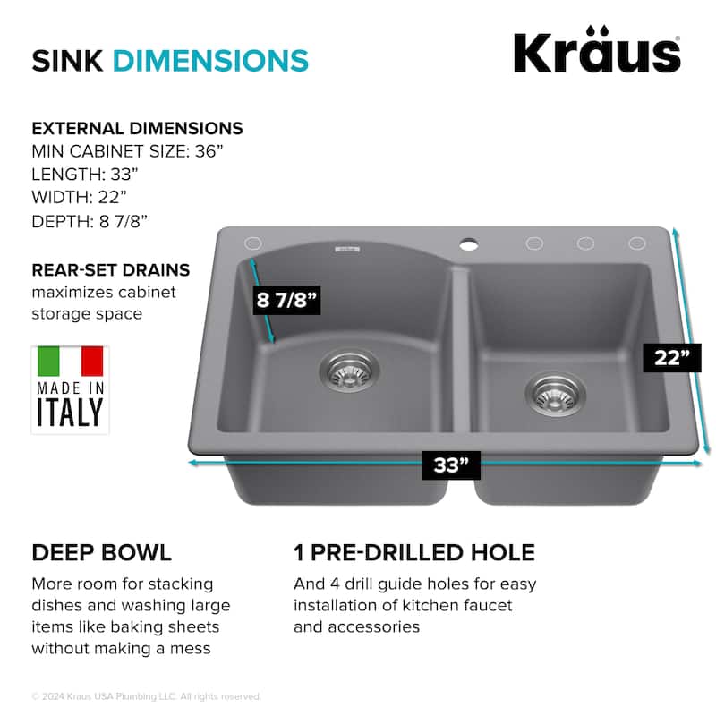 KRAUS Forteza Granite 33 inch 60/40 Undermount Drop-in Kitchen Sink