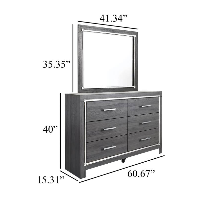 Leva 2pc Dresser and Mirror Set, 6 Drawers w Chrome Handles, Dark Gray