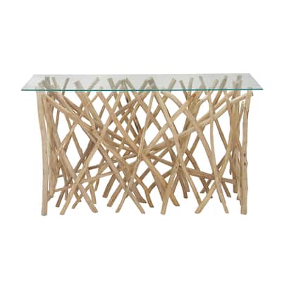 Teak Wood Handmade Tree Branch Console Table with Clear Glass Top - Brown - Roche River Decor - 16"W x 51"L x 30"H