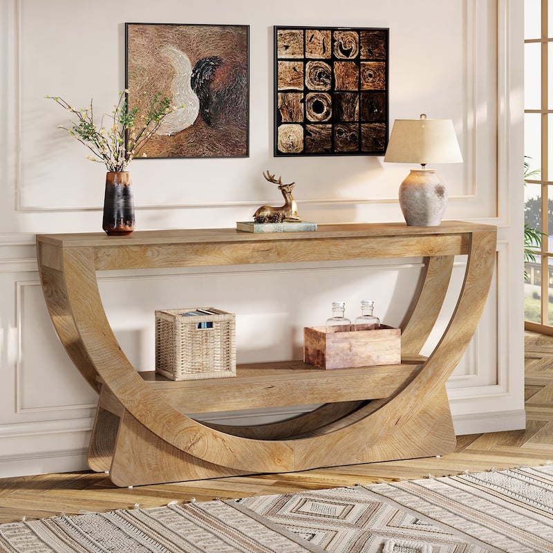 63-Inch Console Table for Entryway , 2-Tier Sofa Table with Storage Shelves & Arched Frame, Farmhouse Style
