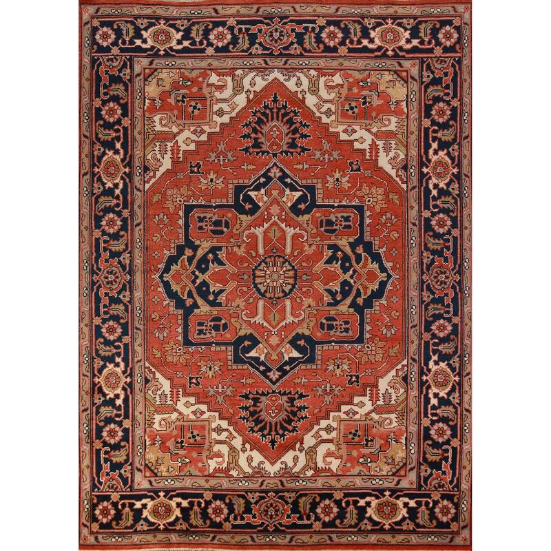 Orange Medallion Heriz Serapi Indian Area Rug Handmade Wool Carpet - 9'0"x 11'9"