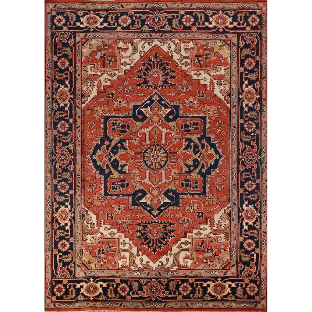 Orange Medallion Heriz Serapi Indian Area Rug Handmade Wool Carpet - 9'0"x 11'9"