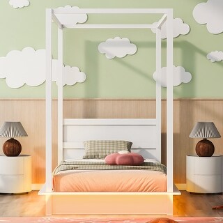 Canopy Bed Frame with Headboard, 4 Posters Wooden Bed Frame, No Box Spring Needed, Mattress Foundation Platform Bed for Kids