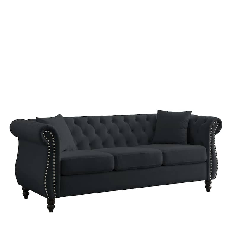 Anmytek 80 Inch Chesterfield Sofa Black Velvet Tufted 3 Seater Couch with Rolled Arms and Nailhead Trim and Two Pillows