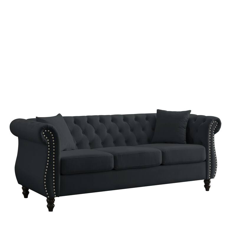 Chesterfield Black Velvet Sofa - 3-Seater Tufted Couch with Rolled Arms and Nailhead Trim, Includes Two Pillows for Living Room