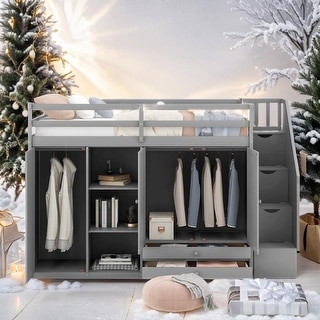 Stylish & Simple Functional Loft Bed with 3 Shelves, 2 Wardrobes and 2 Drawers, Ladder with Storage, No Box Spring Needed, Gray
