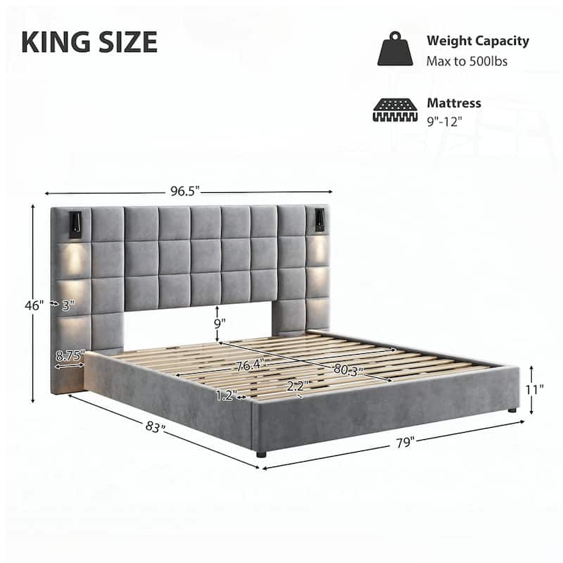 wide headboard Upholstered bed with reading lamp and USB port