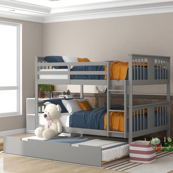 slide 2 of 13, Full over Full Wooden Bunk Bed with Twin Size Trundle and Ladder - Space-Saving Bedroom Furniture Light Grey