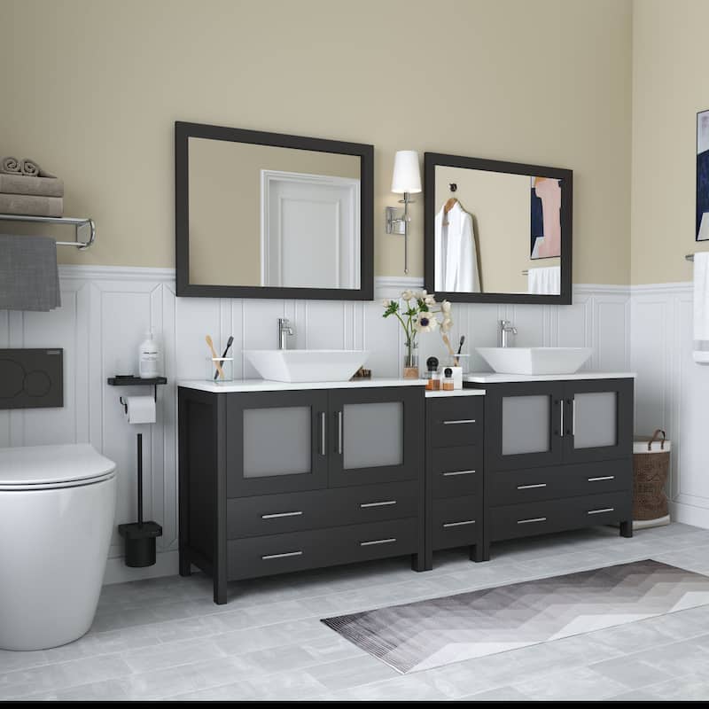 Vanity Art 84" Double Sink Bathroom Vanity Set with Engineered Marble Top and Free Mirrors