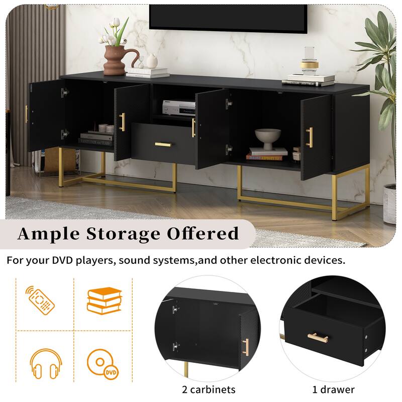 Roomfitters Modern TV Stand for up to 70 Inch TV, Media Cabinet with Drawer, Metal Legs and Safety Features, Black