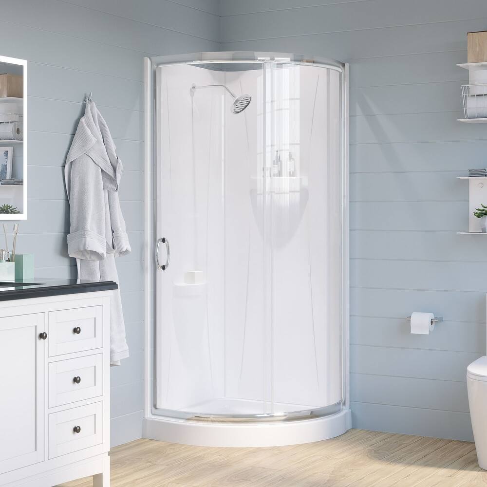 Breeze Round Corner Shower Kit with Clear Sliding Door, Acrylic Wall and Shower Base Pan