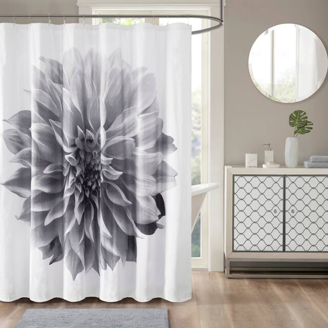 Madison Park Quinn Printed Floral Cotton Shower Curtain - Grey