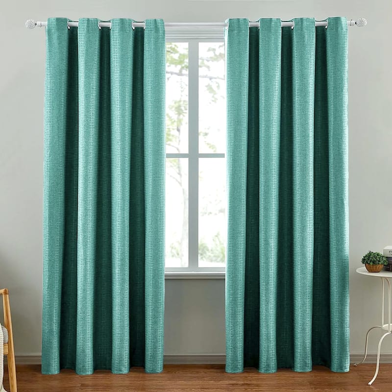 108" Long - 2 Piece Teal Solid Silky Geometric Embossed Blackout Grommet Window Curtain Panel Set - 104" x 108"