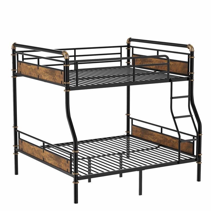 Full XL Over Queen Metal Bunk Bed with Ladder, Safety Guardrails & Rustic Wood Accents