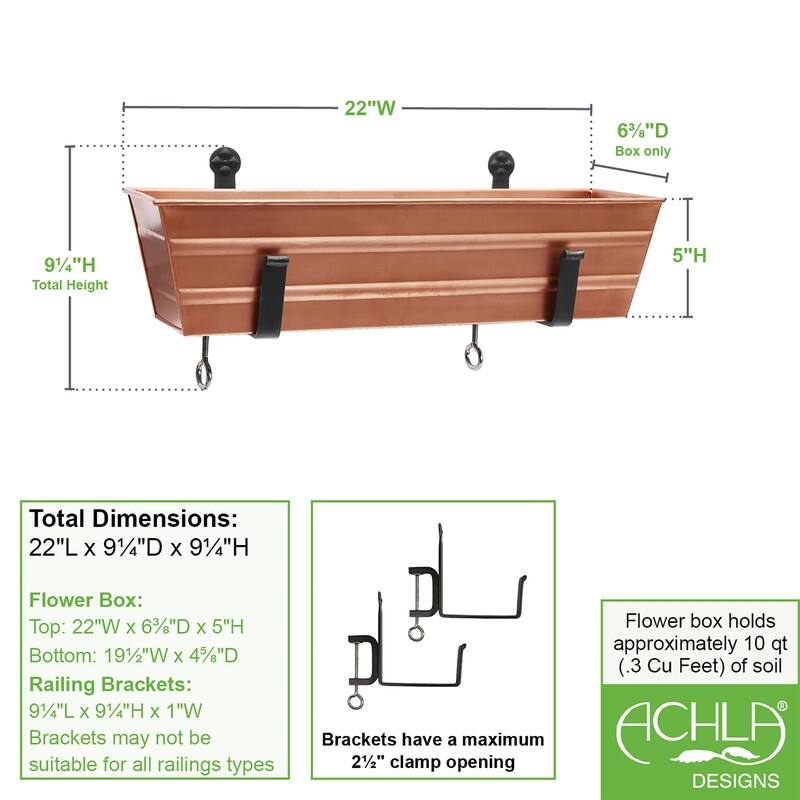 Achla Designs 22" W Rectangle Galvanized Steel Flower Box w/ Black Wrought Iron Clamp-On Brackets, Planter