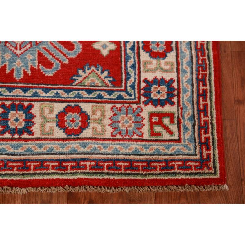 Traditional Kazak Foyer Rug Hand-Knotted Geometric Red Wool Carpet - 2'8"x 4'1"