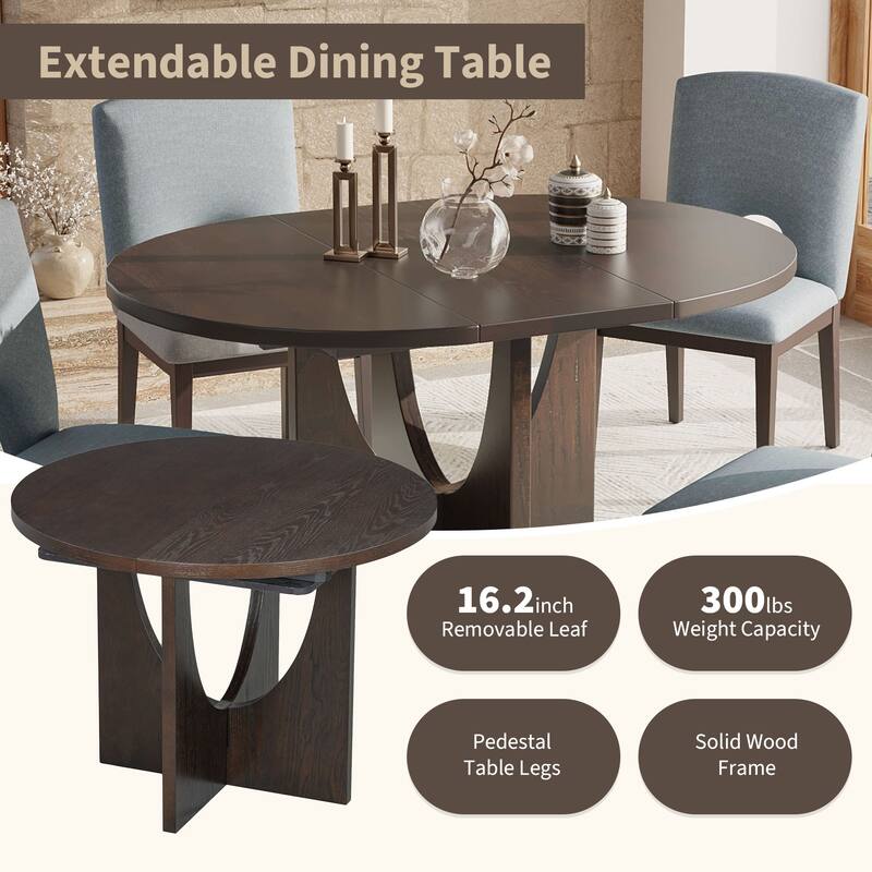 5 Piece Functional Dining Set, Wood Extendable Round Dining Table Set with Removable Leaf and 4 Upholstered Chairs