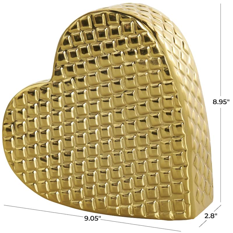 Aluminum Metal Heart Slanted Decorative Sculpture with Dimensional Cube Textured Exterior - Gold or Silver - Roche River Decor