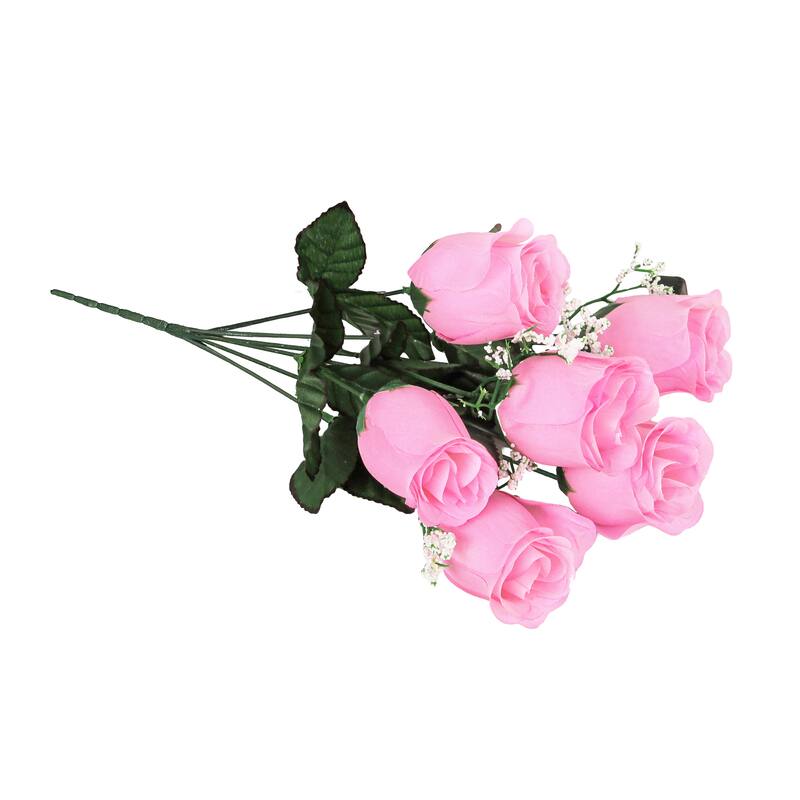 Set of 12 Pink Artificial Rose Bud Flower Stem Bush Bouquet 14in - 14" L x 6" W x 6" DP