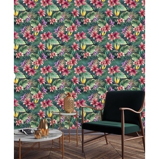 Palm and Leaves on Dark Background Peel and Stick Wallpaper - Bed Bath ...
