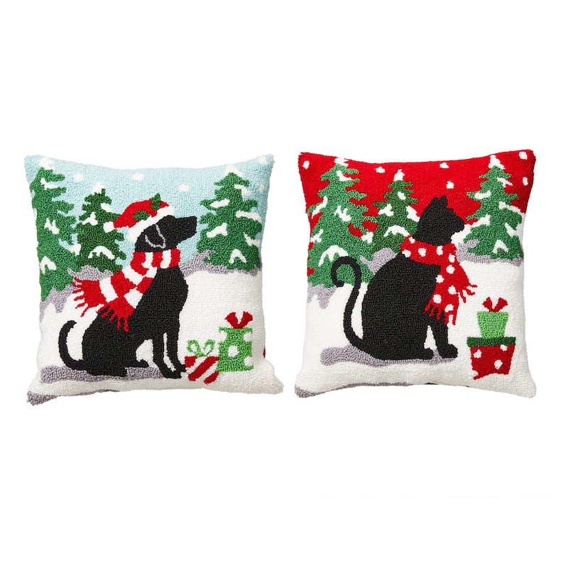 Glitzhome 14"L Hooked Dog Cat Christmas Throw Pillow Festival Home Office Decor - Dog & Cat