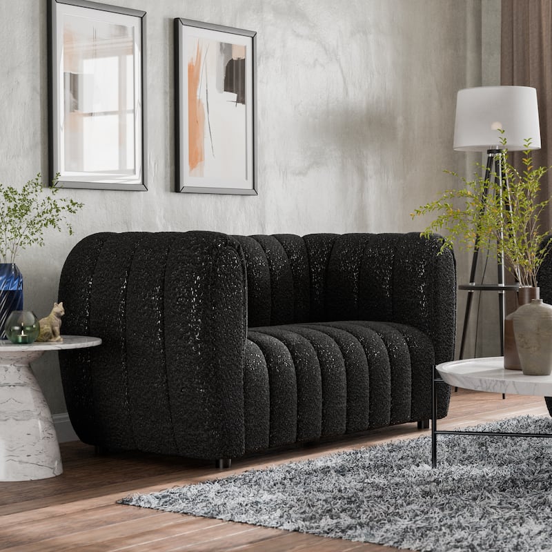 Furniture of America Lucinda Modern Vertical Channel Tufted Boucle Accent Loveseat Couch with Wooden Legs - Black