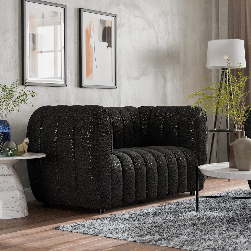 Furniture of America Lucinda Modern Vertical Channel Tufted Boucle Accent Loveseat Couch with Wooden Legs