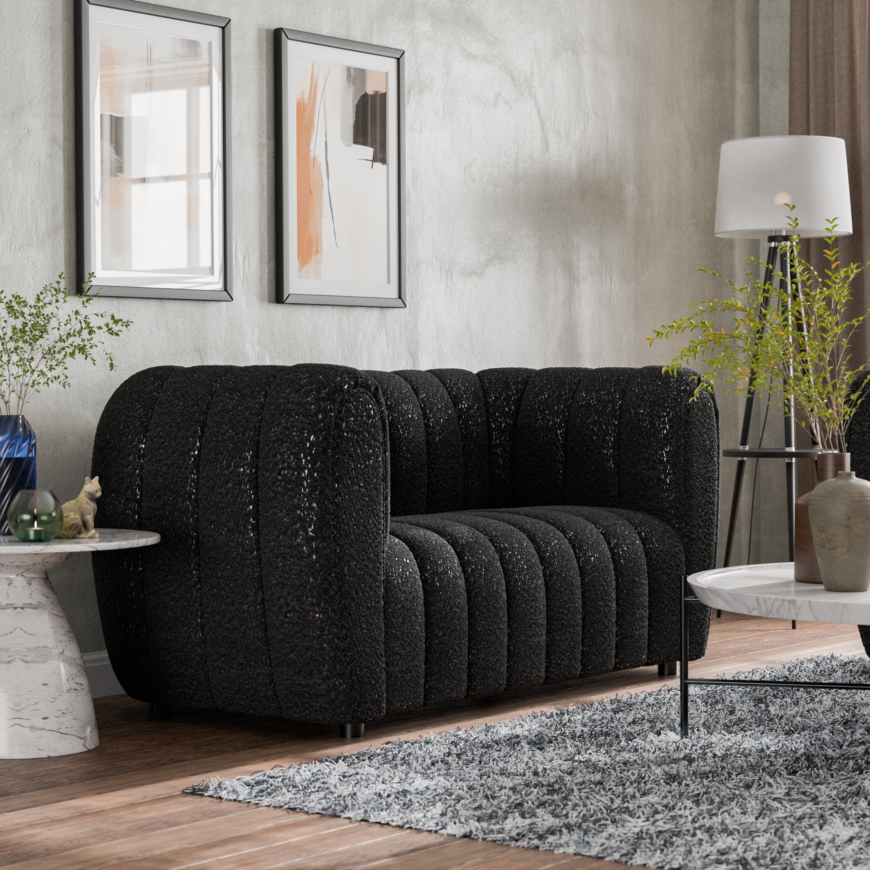 Furniture of America Lucinda Modern Vertical Channel Tufted Boucle Accent Loveseat Couch with Wooden Legs