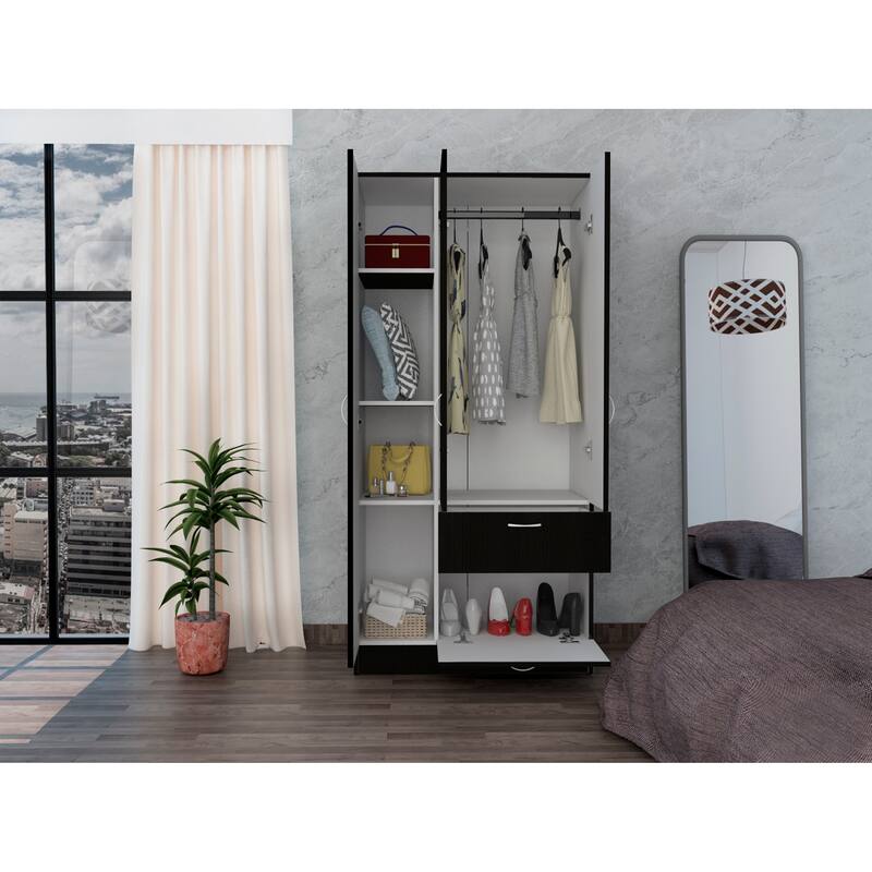 18.5" Modern Double-door Armoire with Metal Rod, One Drawer and Five Shelves