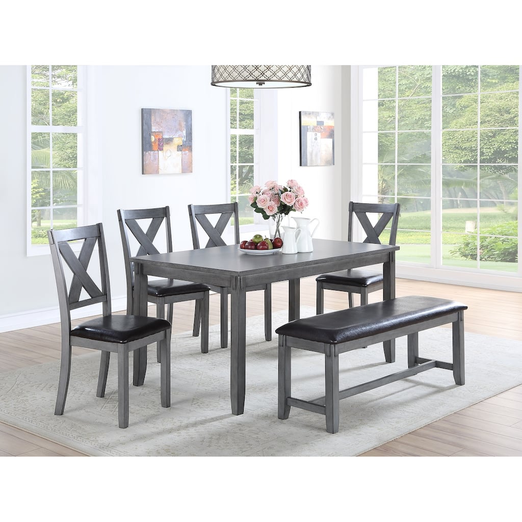 Dining Room Furniture Casual Modern 6pc Set Dining Table 4x Side Chairs and A Bench Rubberwood and Birch veneers Gray Fi