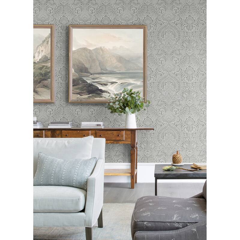 A-Street Prints Artemis Silver Floral Damask Wallpaper