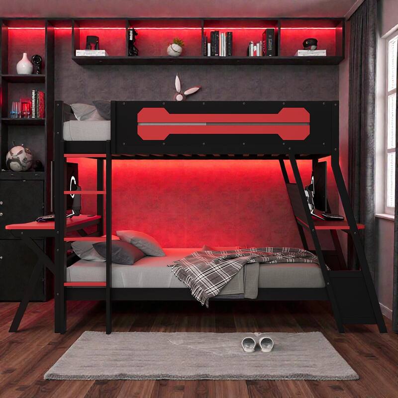 Twin/Full Gaming Bunk Bed with Dual Desks, USB Charging Ports and Pegboard Organizer, Gamer Bunk Frame
