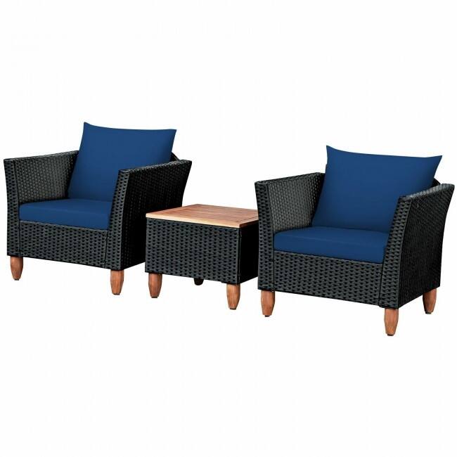 3 Pcs Outdoor Patio Rattan Furniture Set Wooden Table Top Cushioned Sofa - 29" x 27" x 28" (L x W x H)
