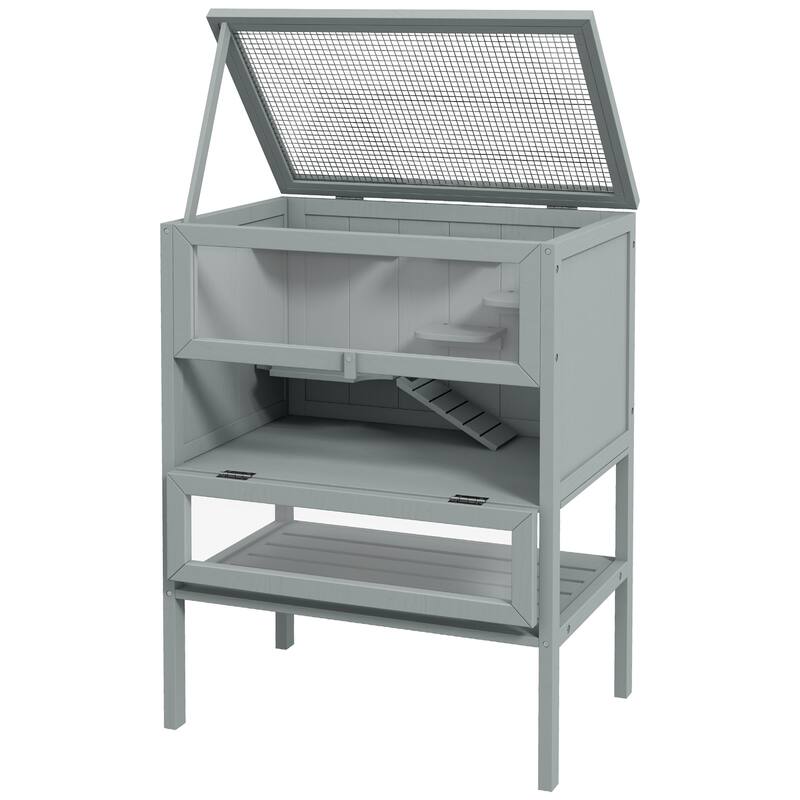 Grey Fir Wood Hamster Cage with Plexiglass Window and Elevated Base - 23.5"L×15.75"W×31.5"H