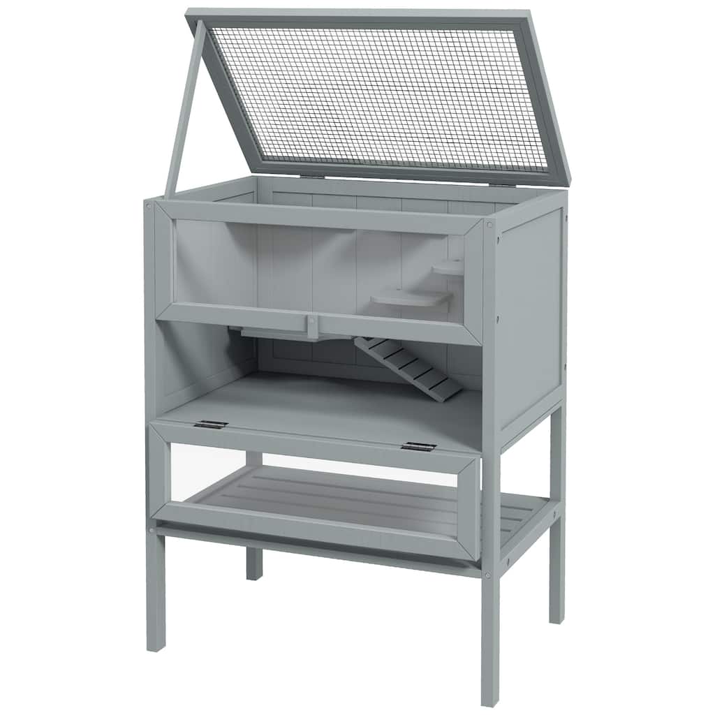 Grey Fir Wood Hamster Cage with Plexiglass Window and Elevated Base - 23.5"L×15.75"W×31.5"H