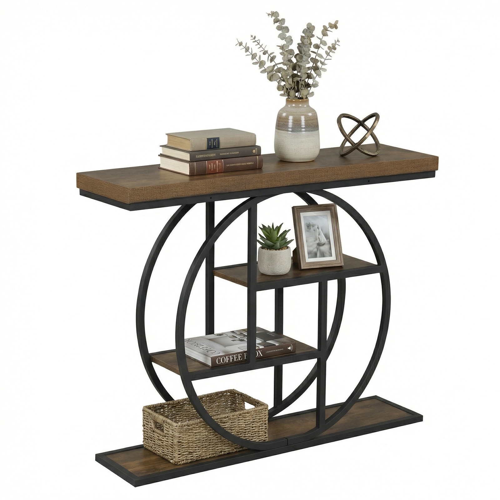 Gymax 4-Tier Console Table w/Storage Shelves Circle Base Accent Behind