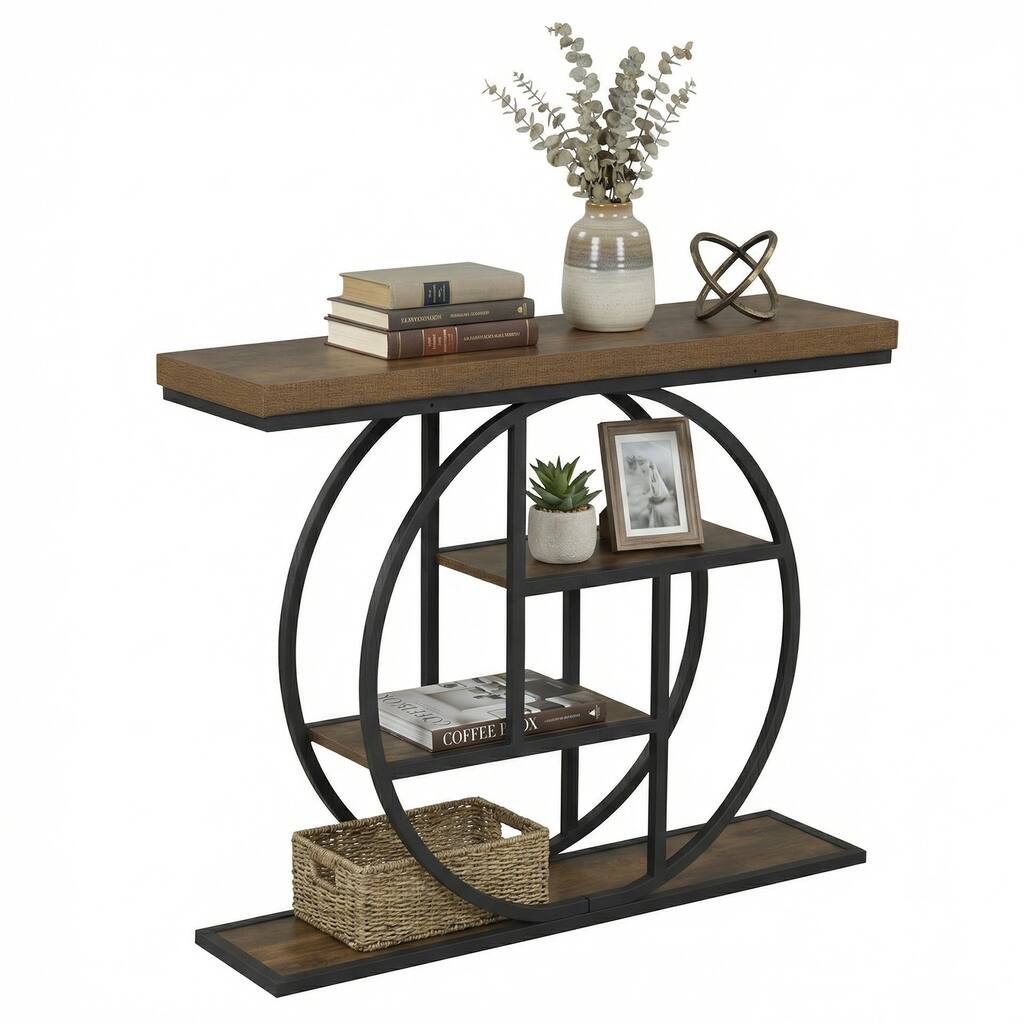 Gymax 4-Tier Console Table w/Storage Shelves Circle Base Accent Behind