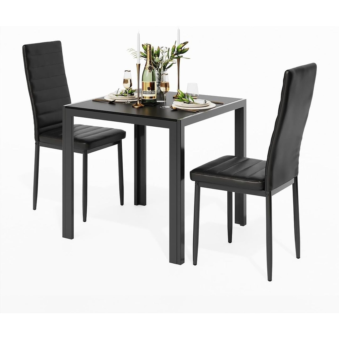 Modern 3-Piece Glass Dining Table Set with PU Leather Chairs for Kitchen, Living Room